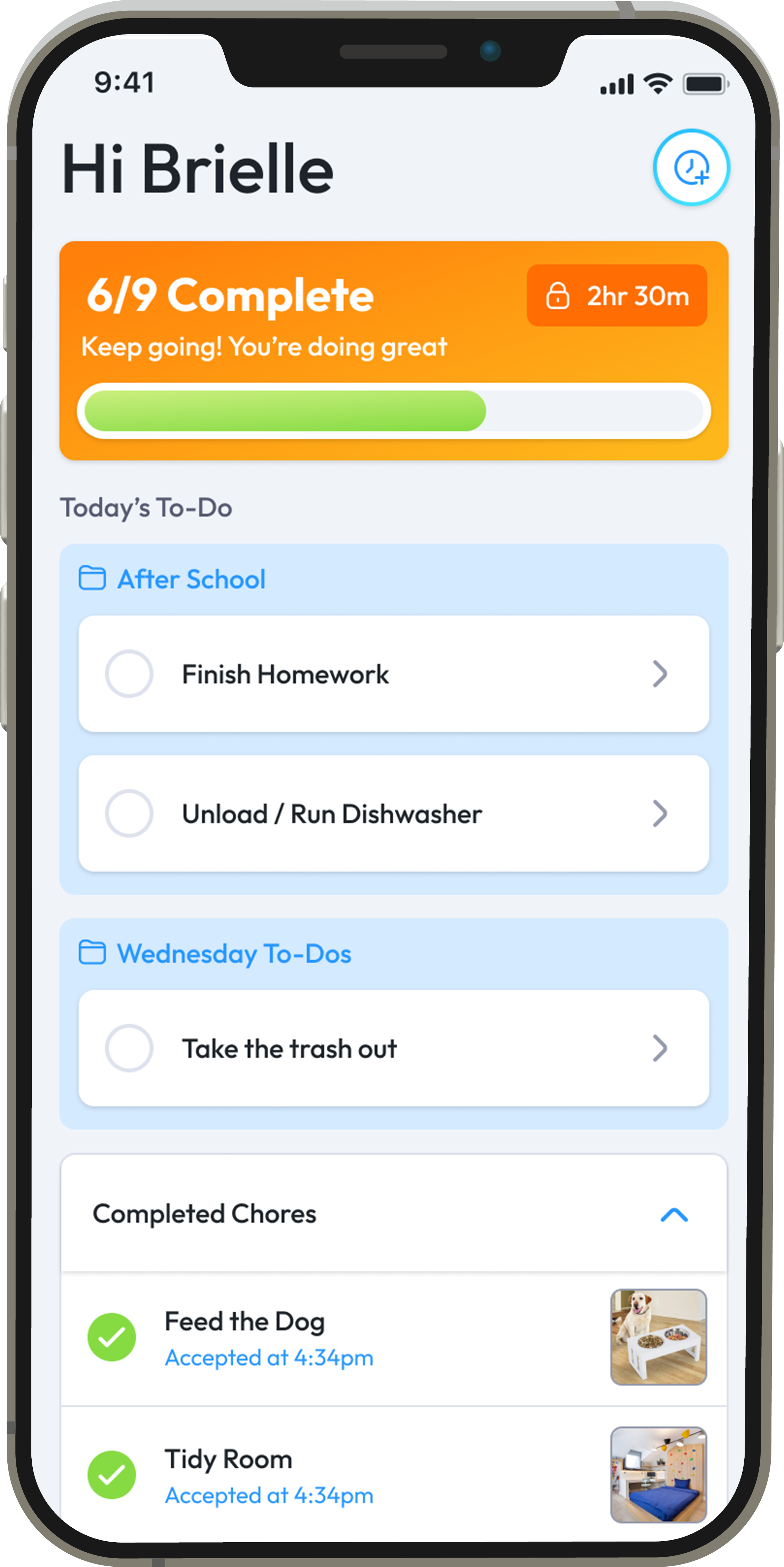 Child screen showing completed chores for Choreio iphone chore app